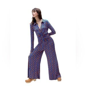 Free people Shayla jumpsuit royal blue/orange geo print. Large / excellent used